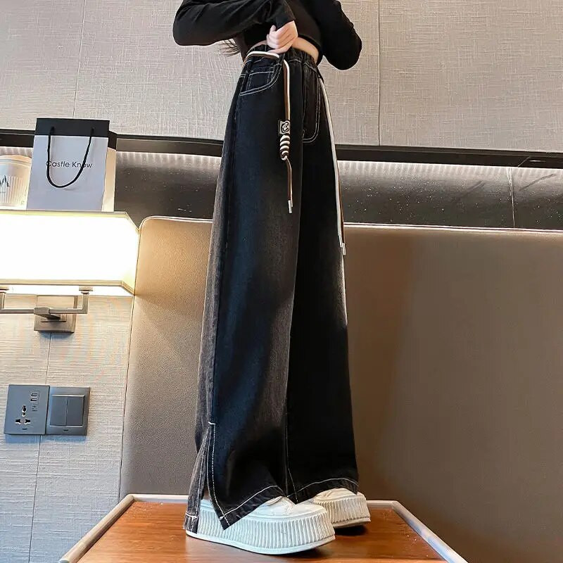 Teismeliste kevadsügisene laste teksapüksid lahtised teksapüksid suurtele tüdrukutele Laia säärega lastele vabaaja teismeliste kõrge vöökoht 2-värvilised püksid 5-14 a.