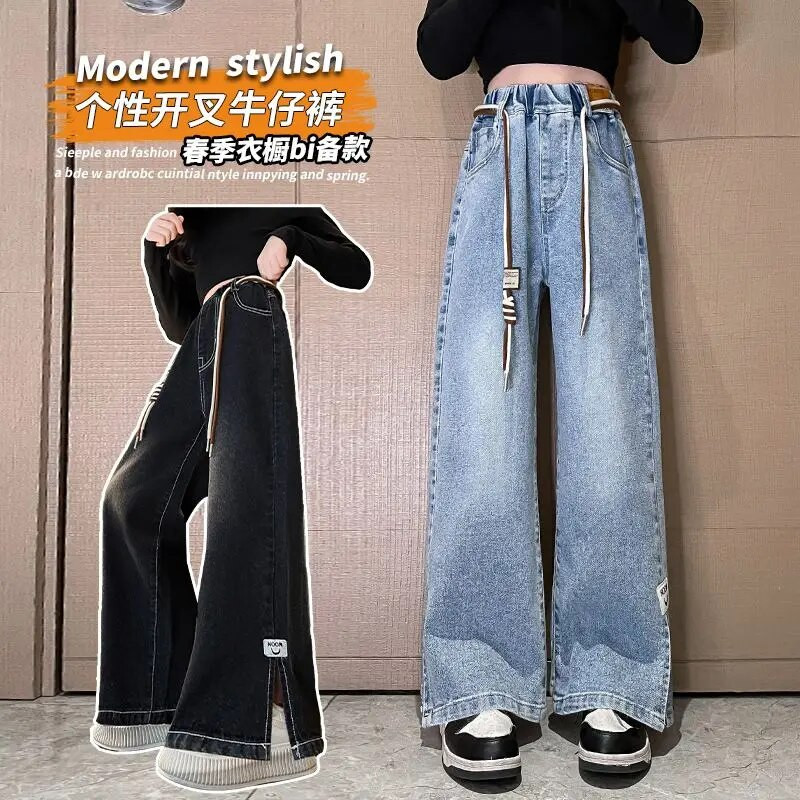 Teismeliste kevadsügisene laste teksapüksid lahtised teksapüksid suurtele tüdrukutele Laia säärega lastele vabaaja teismeliste kõrge vöökoht 2-värvilised püksid 5-14 a.