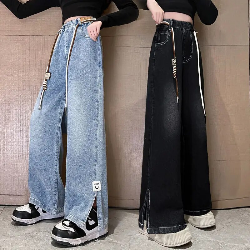 Teismeliste kevadsügisene laste teksapüksid lahtised teksapüksid suurtele tüdrukutele Laia säärega lastele vabaaja teismeliste kõrge vöökoht 2-värvilised püksid 5-14 a.