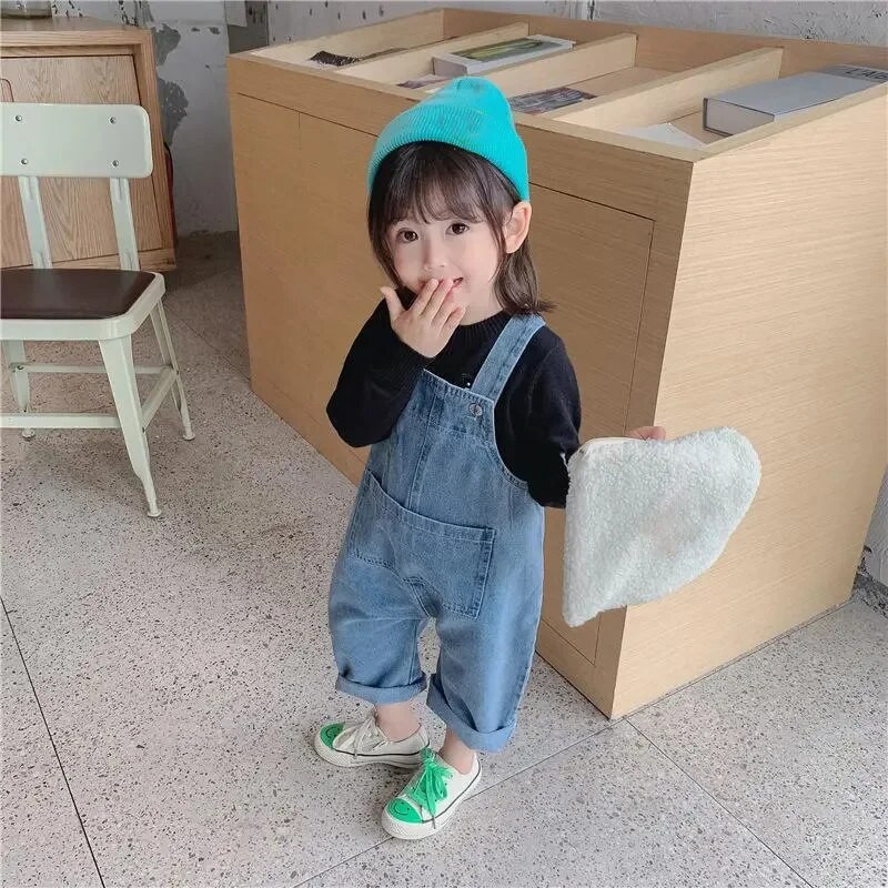 Χαριτωμένα αγόρια κοριτσίστικες φόρμες Μπλε χρώμα Παιδικές ζαρτιέρες Ανοιξιάτικες απλές φαρδιές φόρμες Παιδικά ρούχα Παντελόνι με τσέπη