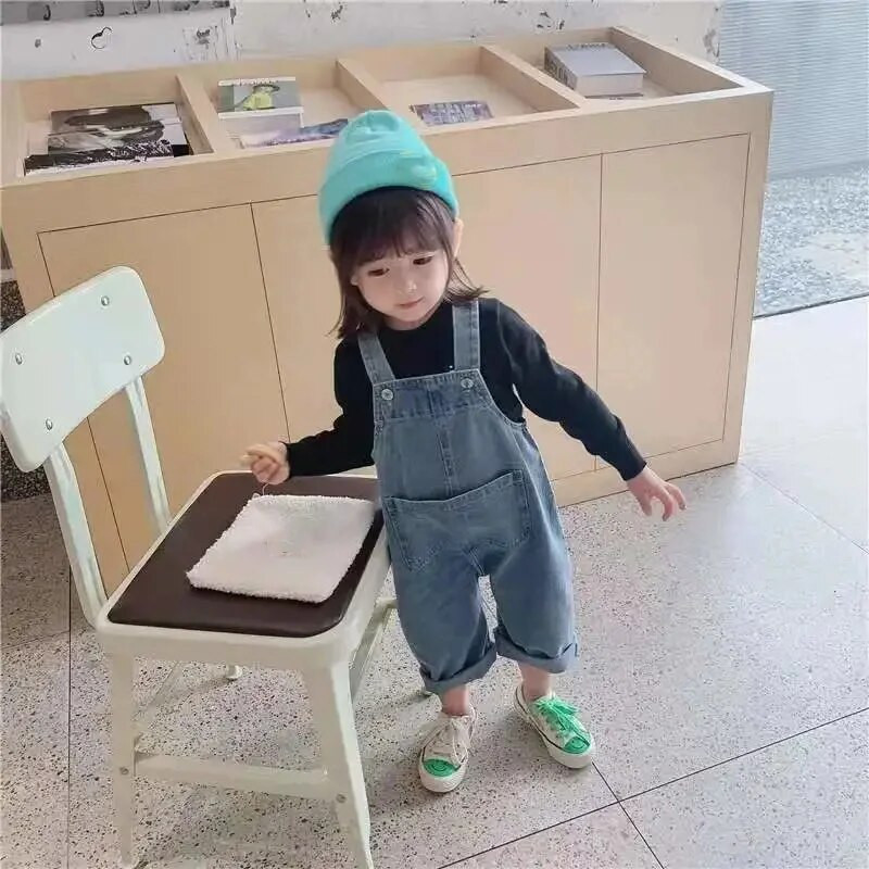 Χαριτωμένα αγόρια κοριτσίστικες φόρμες Μπλε χρώμα Παιδικές ζαρτιέρες Ανοιξιάτικες απλές φαρδιές φόρμες Παιδικά ρούχα Παντελόνι με τσέπη