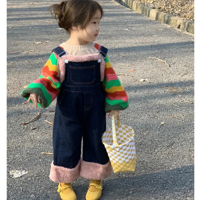 Sügistalvised Laste kombinesoonid Tüdrukutele Plus Fliisist Denim Suspender Püksid Puuvillased Baby Girls Teksad Lahti kombinesoonid