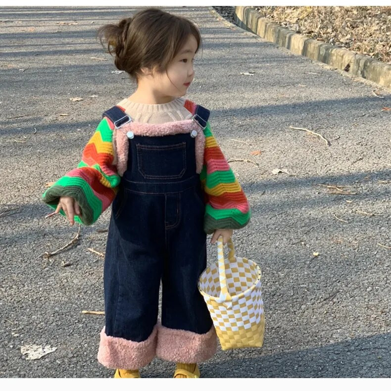 Sügistalvised Laste kombinesoonid Tüdrukutele Plus Fliisist Denim Suspender Püksid Puuvillased Baby Girls Teksad Lahti kombinesoonid