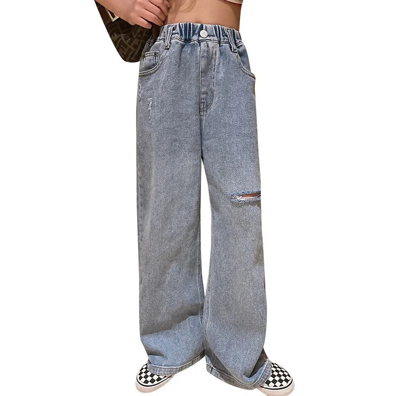 Νέα ανοιξιάτικα κοριτσίστικα ρούχα παιδικά ίσια σκισμένα τρύπα φαρδιά τζιν Ελαστική μέση παντελόνι Παιδικό εφηβικό τζιν φαρδύ παντελόνι miss