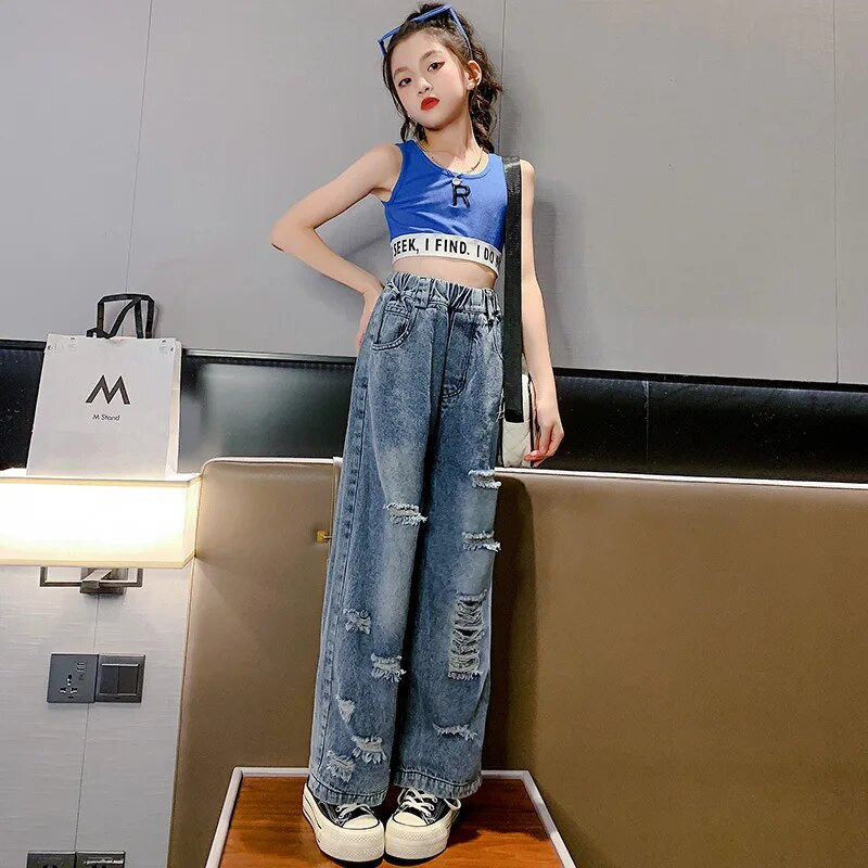 Teksad Tüdrukutele ühevärvilised rebenenud teksad Tüdrukutele Juhuslikud lapsed Katkised pahkluu pikkused püksid Suveriided 6 8 10 12 14 aastat