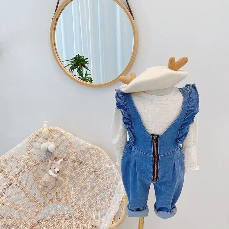 Ruffles Mežģīņu Rompers Meitenēm Ikdienišķs Džinsu Kombinezons Toddler Meiteņu Apģērbs Bodijs Bērnu Kombinezoni Džinsi Tērpi