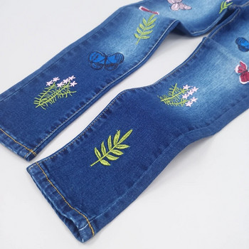 4-15T дънки за момичета за тийнейджърки Детски панталони Детски дънкови панталони Сини разтегливи бродерии Цветя Тийнейджърски дрехи Пролетно облекло
