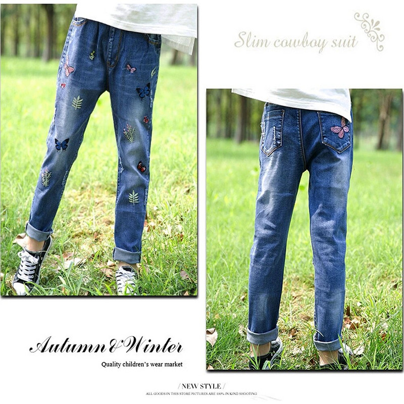 3-16T Paauglių Drabužiai Mergaičių Džinsai Tampriai Minkštos Džinsinės Kelnės Mielas Siuvinėjimas Drugelis Vaikiškos Kelnės Mergaitėms Vaikiški Drabužiai 6789