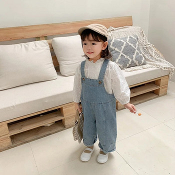 Пролет есен детски модни широки дънкови гащеризони в корейски стил Ежедневни панталони с лигавник