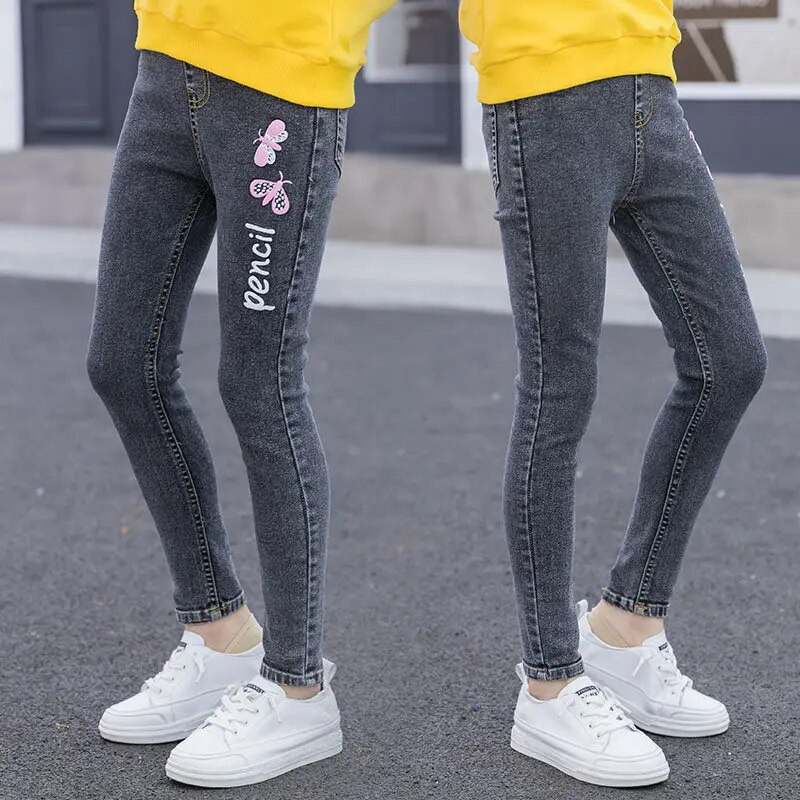 Jaunų mergaičių džinsai su drugelių raštu Princess Skinny Jeans Vaikiški Džinsiniai Leggins Butterfly Džinsai Merginoms Džinsinės kelnės 4-14 metų