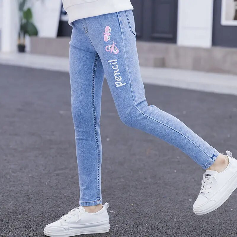 Jaunų mergaičių džinsai su drugelių raštu Princess Skinny Jeans Vaikiški Džinsiniai Leggins Butterfly Džinsai Merginoms Džinsinės kelnės 4-14 metų