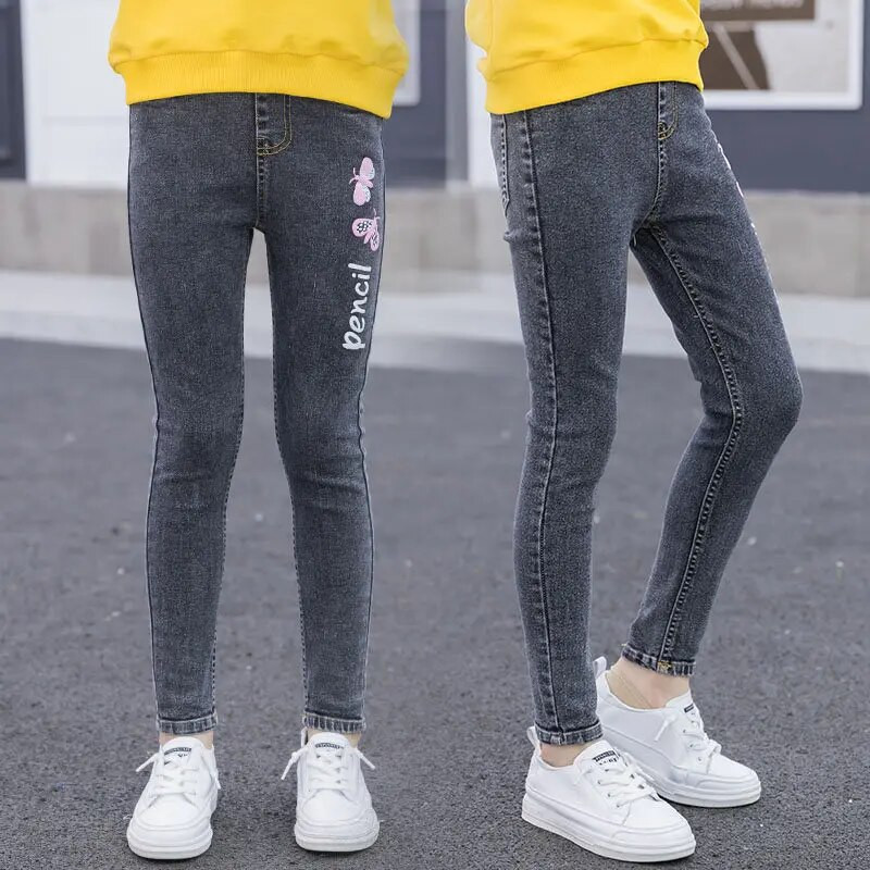 Jaunų mergaičių džinsai su drugelių raštu Princess Skinny Jeans Vaikiški Džinsiniai Leggins Butterfly Džinsai Merginoms Džinsinės kelnės 4-14 metų