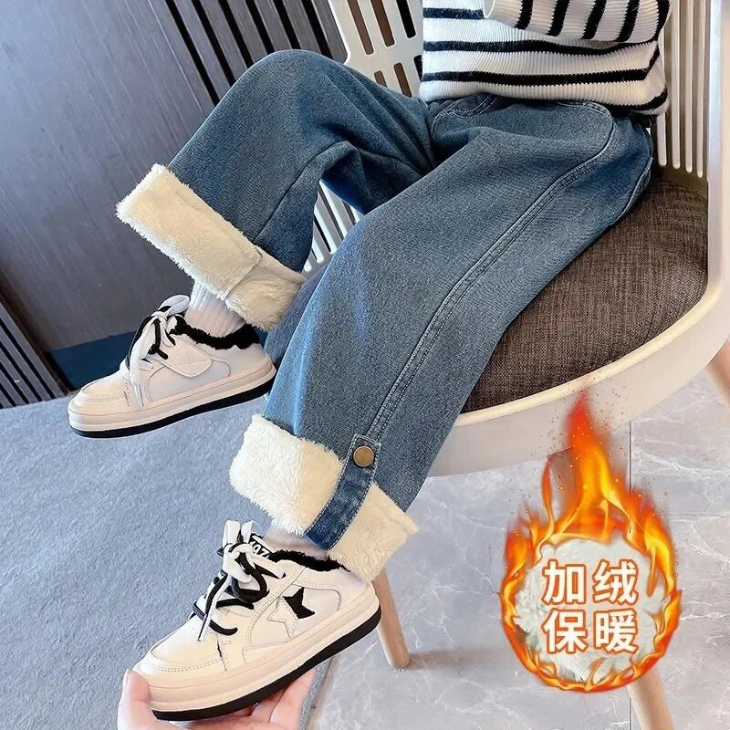 Storas aksominis pamušalas mergaičių džinsai plačios kelnės žieminės šiltos elastinės aukšto juosmens vaikiškos Vaqueros pantalones nauji pliušiniai vaikiški džinsai