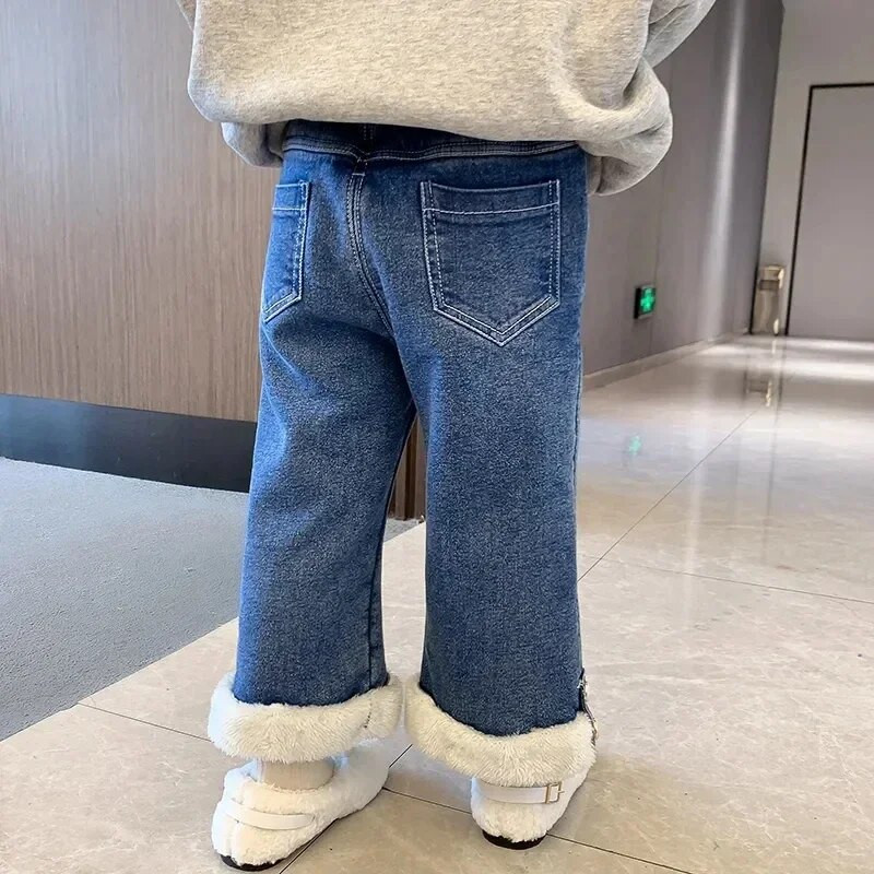Storas aksominis pamušalas mergaičių džinsai plačios kelnės žieminės šiltos elastinės aukšto juosmens vaikiškos Vaqueros pantalones nauji pliušiniai vaikiški džinsai