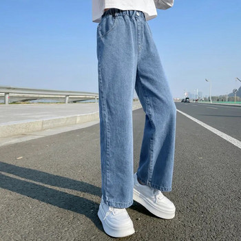 2023 Дънки в ежедневен стил за момичета Тийнейджърски дрехи Еластични дънкови широки панталони с висока талия Пролетни големи детски прави панталони 5-14 г.