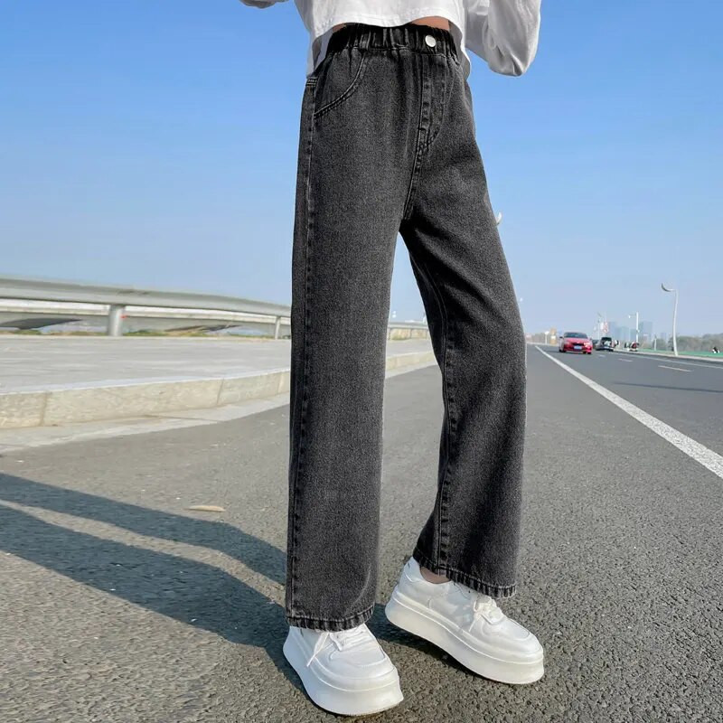 2023. aasta vabaaja stiilis teksad tüdrukutele teismeliste riided, elastsed kõrge vöökohaga teksariided laia säärega püksid, kevadised suured sirged püksid lastele 5-14 a