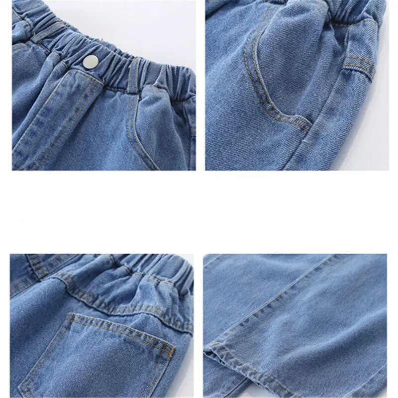 2023. aasta vabaaja stiilis teksad tüdrukutele teismeliste riided, elastsed kõrge vöökohaga teksariided laia säärega püksid, kevadised suured sirged püksid lastele 5-14 a