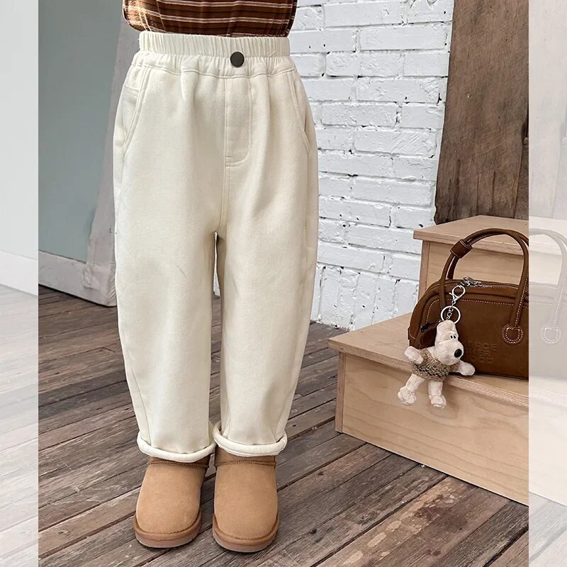Talvised poiste ja tüdrukute ühevärvilised soojad püksid Unisex Kids paksema fliisvoodriga sirged püksid