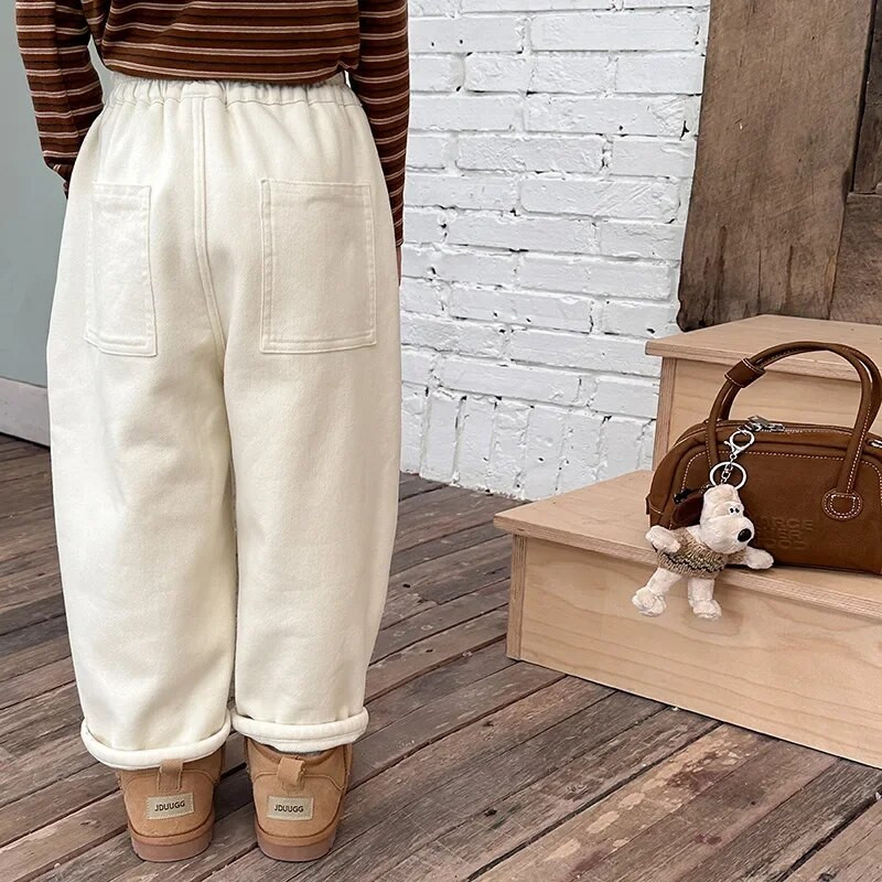 Talvised poiste ja tüdrukute ühevärvilised soojad püksid Unisex Kids paksema fliisvoodriga sirged püksid