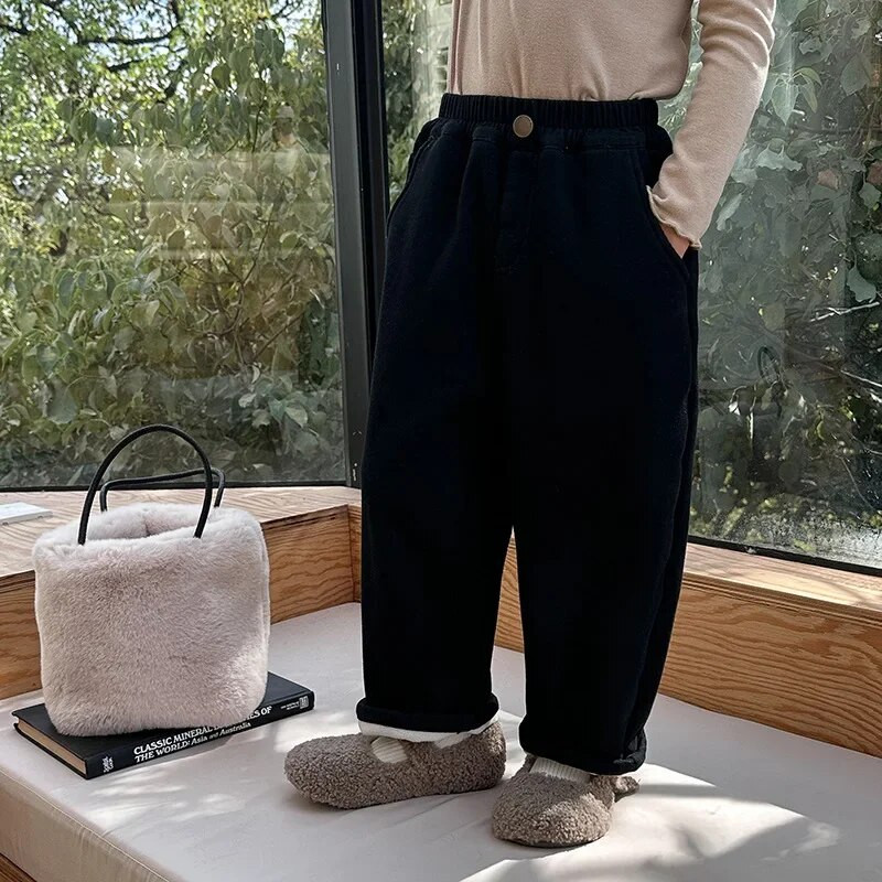 Talvised poiste ja tüdrukute ühevärvilised soojad püksid Unisex Kids paksema fliisvoodriga sirged püksid