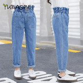 Suvised teismelised tüdrukud teksad Sinised kõrge vöökohaga õhukesed teksapüksid tüdrukutele lastele püksid vabaaja lasteriided 10 12 14 aastaks