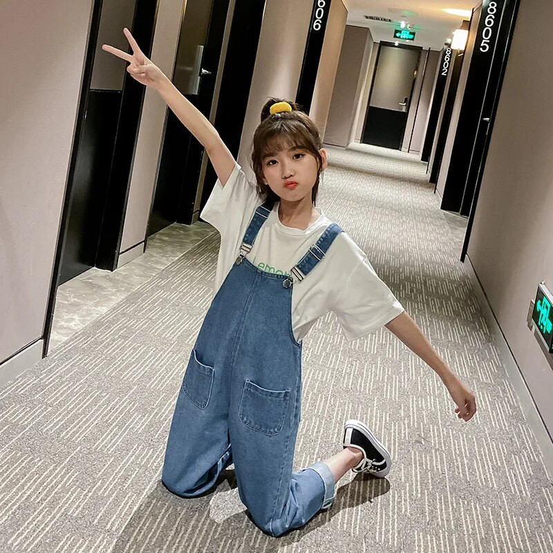 2023 Kids Kombinesoonid Teksad Tüdrukutele Lapsed Denim Jumpsuit Taskud Talv Sügis Teismelised Daami Miss Suspender Püksid 5 9 12 a
