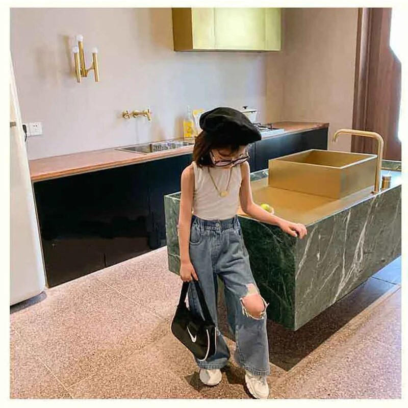 MILANCEL Uued sügisesed lapsed teksad tüdrukud kõrge vöökohaga laia säärega püksid lastele lõhki püksid