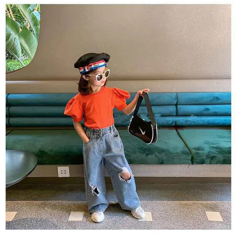 MILANCEL Uued sügisesed lapsed teksad tüdrukud kõrge vöökohaga laia säärega püksid lastele lõhki püksid