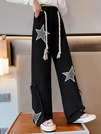 Παιδικά κοριτσίστικα παντελόνια με φαρδύ πόδι με σχοινί Fashion Star με στάμπα με σκισμένη ελαστική ζώνη τζιν τζιν παντελόνι καθημερινό παιδικό πάτο