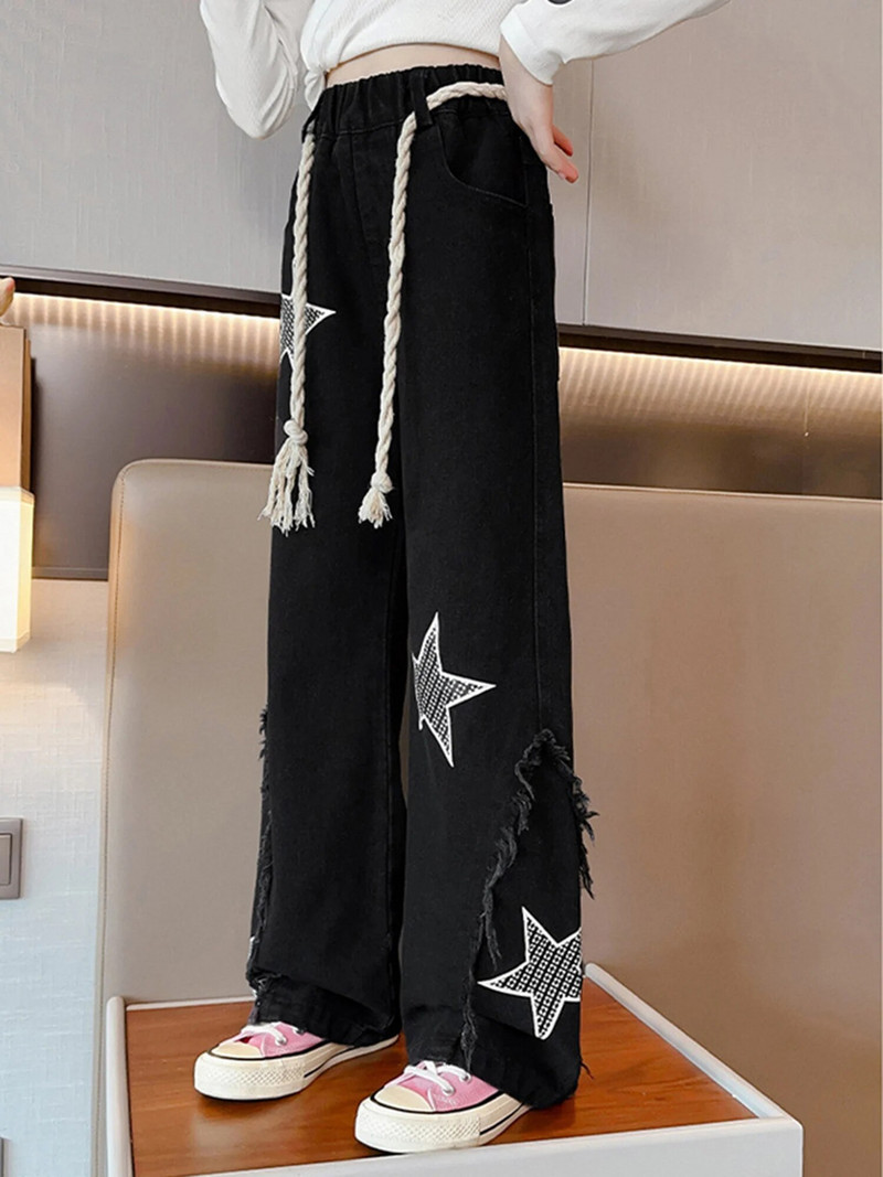Vaikiškos kelnės mergaitėms plačiomis kelnėmis su virvele, mados žvaigždės raštu, plėšytu elastiniu juosmeniu Džinsai Džinsinės kelnės Laisvos vaikiškos apačios