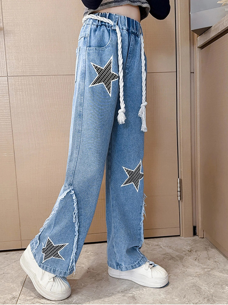 Vaikiškos kelnės mergaitėms plačiomis kelnėmis su virvele, mados žvaigždės raštu, plėšytu elastiniu juosmeniu Džinsai Džinsinės kelnės Laisvos vaikiškos apačios