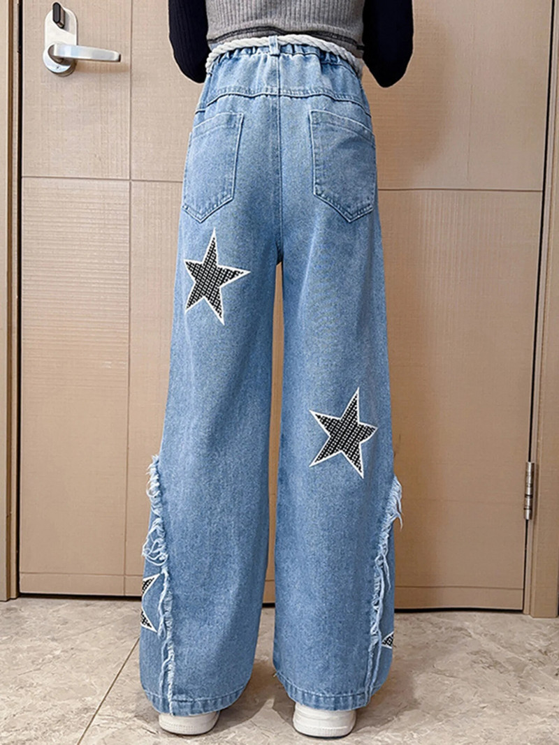 Vaikiškos kelnės mergaitėms plačiomis kelnėmis su virvele, mados žvaigždės raštu, plėšytu elastiniu juosmeniu Džinsai Džinsinės kelnės Laisvos vaikiškos apačios