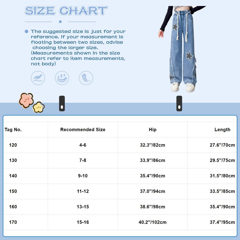 Vaikiškos kelnės mergaitėms plačiomis kelnėmis su virvele, mados žvaigždės raštu, plėšytu elastiniu juosmeniu Džinsai Džinsinės kelnės Laisvos vaikiškos apačios