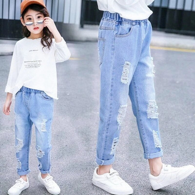 Blugi pentru fete, pentru primăvară, toamnă, blugi pentru fetiță, cu găuri, bumbac, la modă, pantaloni pentru copii, imprimeu desen animat, denim 3-12 ani