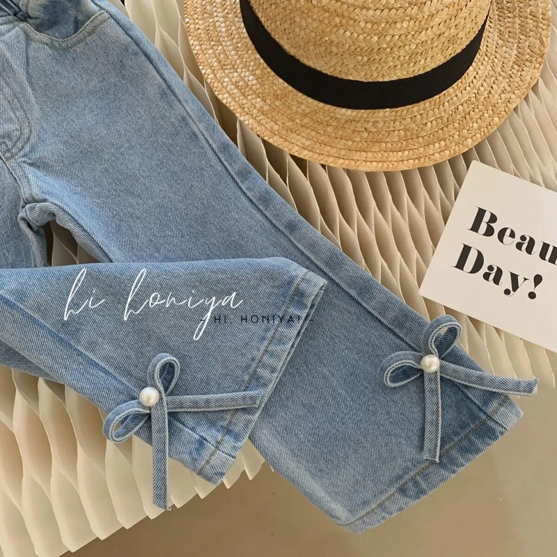 2023 m. mados Merginos Kūdikiams Karoliukai Bow Džinsai Kelnės Vaikams Džinsinės Kelnės Vaikams Pavasario Rudens Kelnės Drabužiai