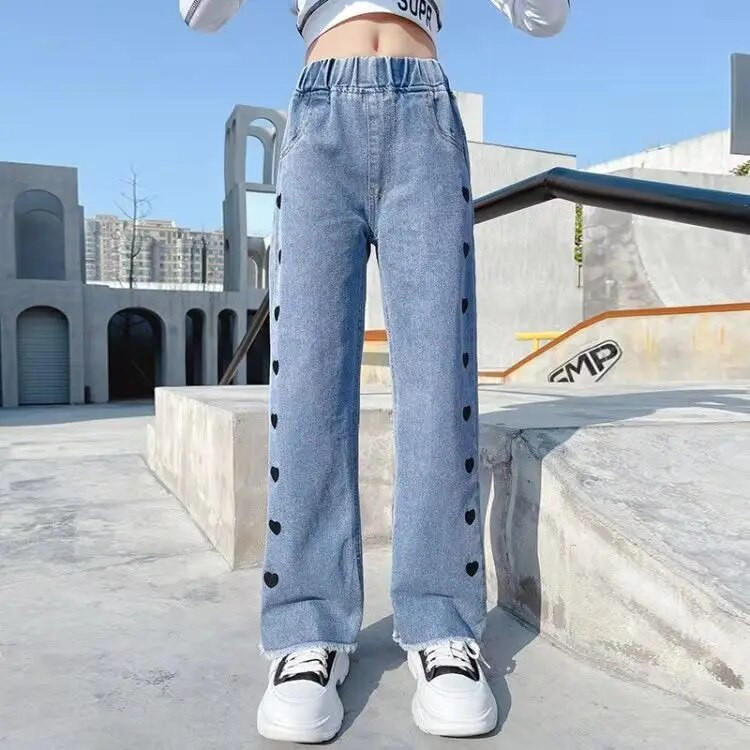 Mergaitei plačiomis kojomis Džinsai Vaikams Mergaitėms Džinsinės Kelnės Vaikams Viršutiniai drabužiai Ilgos Kelnės Mergaitės Drabužiai Ruduo pavasaris