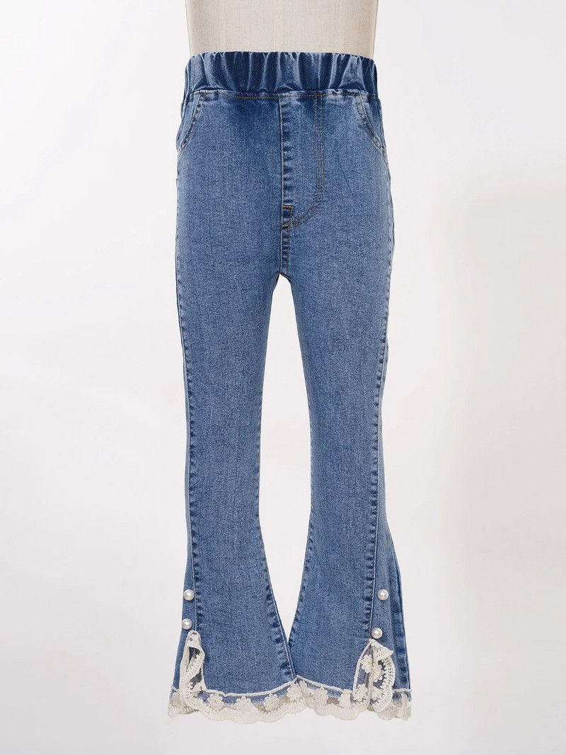 Lapsed, tüdrukud, lõhikuga pitsist ääris, laienevad teksad, vabaaja elastne vöökoht, kellukese alaosaga teksapüksid taskutega