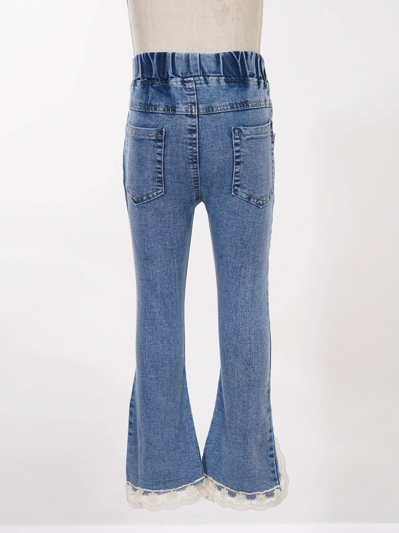 Lapsed, tüdrukud, lõhikuga pitsist ääris, laienevad teksad, vabaaja elastne vöökoht, kellukese alaosaga teksapüksid taskutega