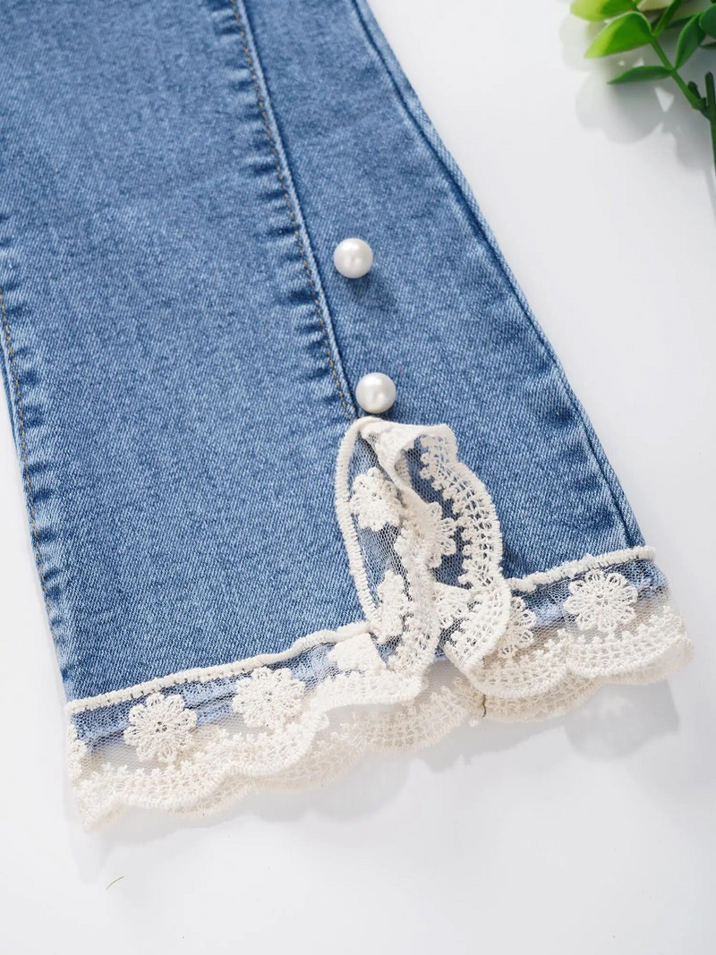 Lapsed, tüdrukud, lõhikuga pitsist ääris, laienevad teksad, vabaaja elastne vöökoht, kellukese alaosaga teksapüksid taskutega