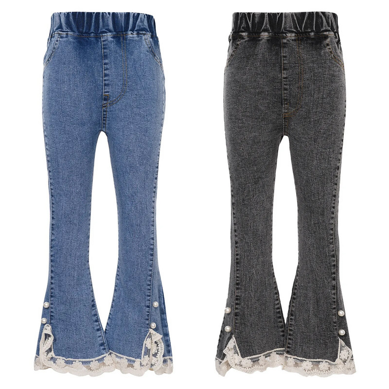 Lapsed, tüdrukud, lõhikuga pitsist ääris, laienevad teksad, vabaaja elastne vöökoht, kellukese alaosaga teksapüksid taskutega