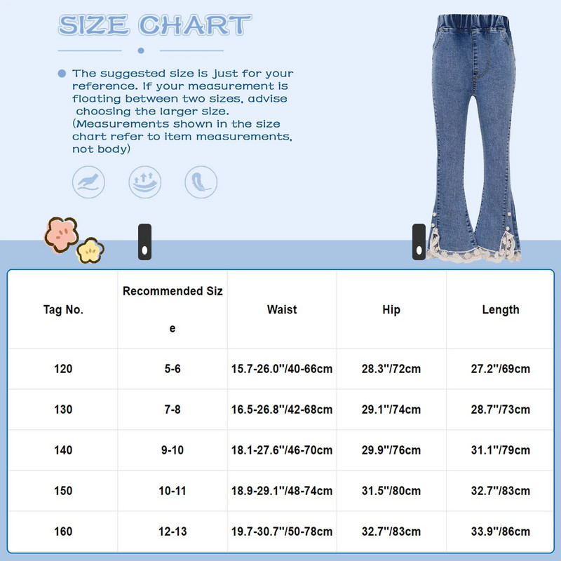 Lapsed, tüdrukud, lõhikuga pitsist ääris, laienevad teksad, vabaaja elastne vöökoht, kellukese alaosaga teksapüksid taskutega