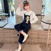 2023. aasta uus kevadsügis, laste kombinesoon teksad, teksapüksid, rinnatüki ja karu taskud.