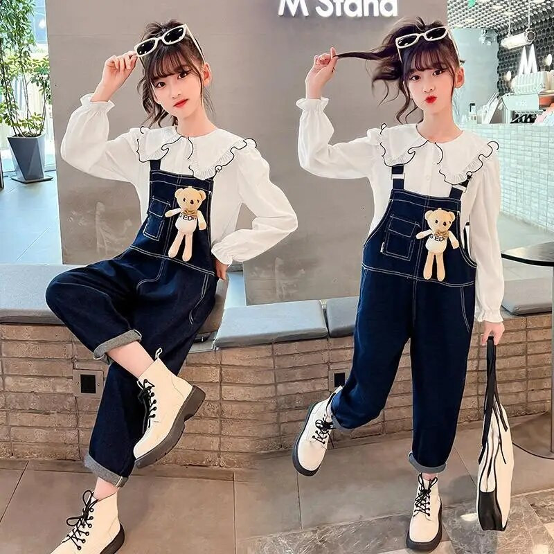 2023. aasta uus kevadsügis, laste kombinesoon teksad, teksapüksid, rinnatüki ja karu taskud.