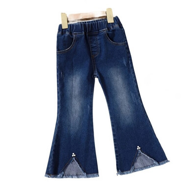 Vaikiškos kelnės, 2023 m. pavasario ir rudens mergaičių džinsai su karoliukais, korėjietiško leidimo Ragged Flare kelnės, vaikiškos kelnės
