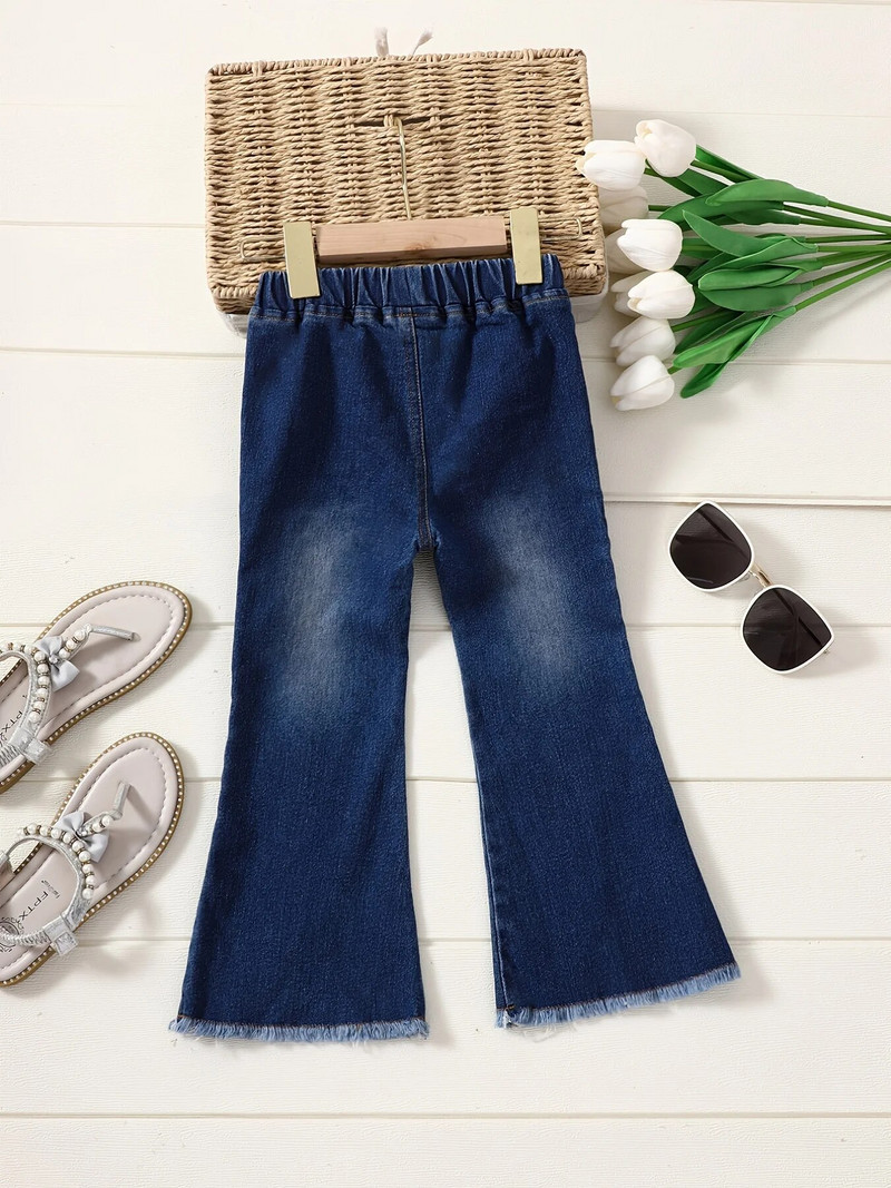 Vaikiškos kelnės, 2023 m. pavasario ir rudens mergaičių džinsai su karoliukais, korėjietiško leidimo Ragged Flare kelnės, vaikiškos kelnės