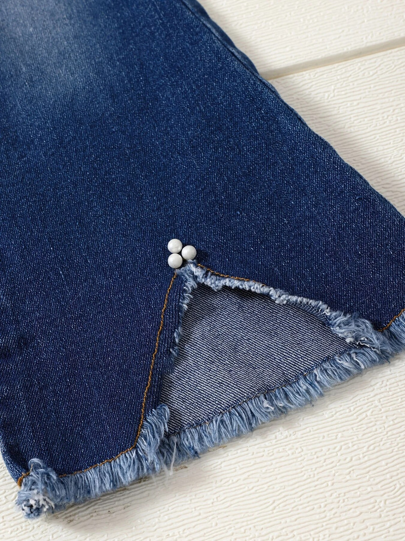 Vaikiškos kelnės, 2023 m. pavasario ir rudens mergaičių džinsai su karoliukais, korėjietiško leidimo Ragged Flare kelnės, vaikiškos kelnės