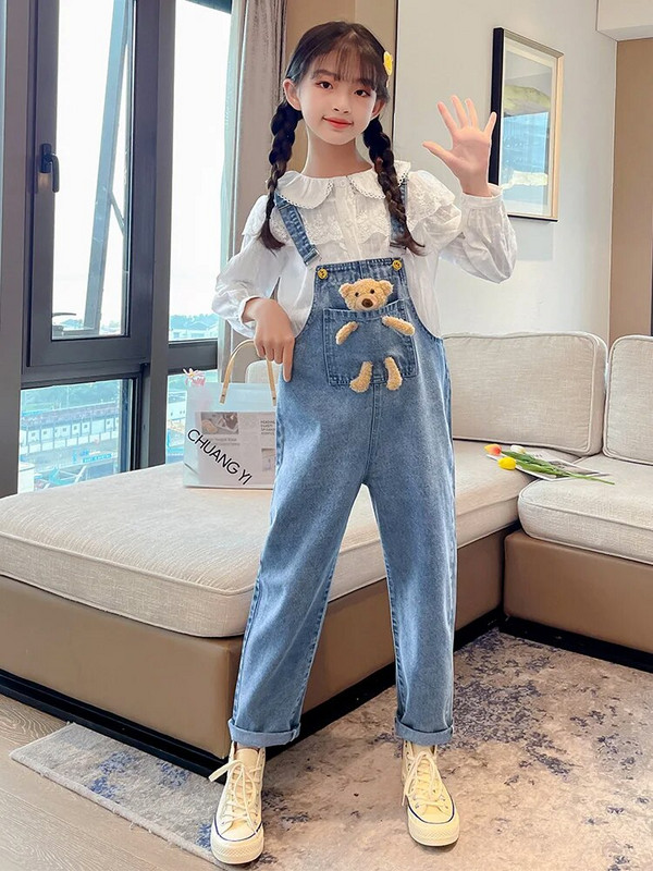 Νέα ανοιξιάτικη φθινοπωρινή παιδική φόρμα τζιν τζιν σαλιάρα φόρμα τσέπες με Bear Teenage Girls Ζαρτιέρες Κορίτσια 12+ ετών