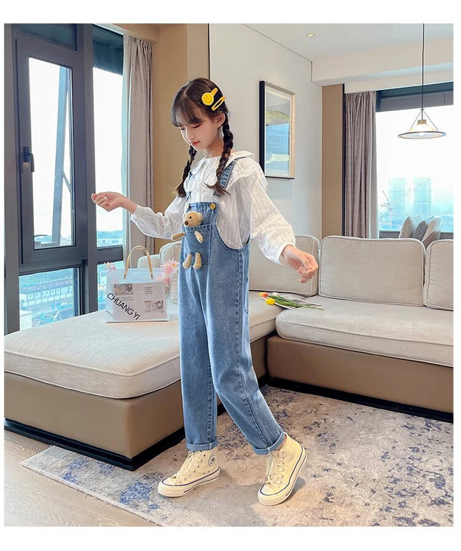 Νέα ανοιξιάτικη φθινοπωρινή παιδική φόρμα τζιν τζιν σαλιάρα φόρμα τσέπες με Bear Teenage Girls Ζαρτιέρες Κορίτσια 12+ ετών
