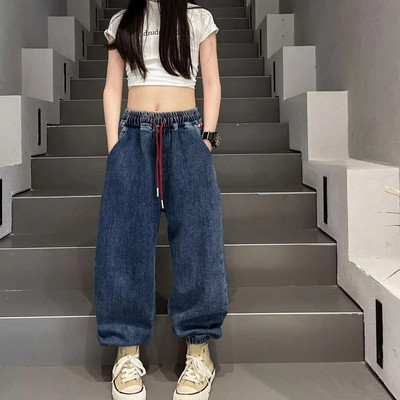 Paauglių mergaičių džinsai pavasario rudens korėjiečių laisvalaikio retro mėlynos džinsinės kelnės Madingi elastingi juosmens džinsai mergaitėms Nauji drabužiai