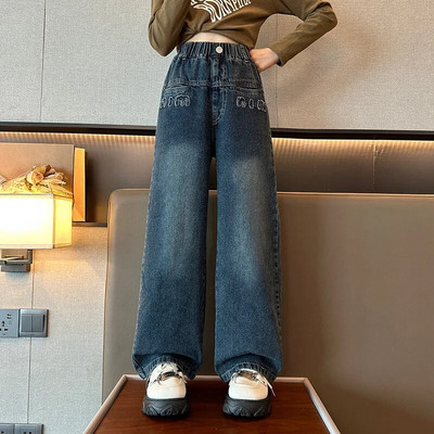 Paauglių mergaičių džinsai pavasario rudens korėjiečių laisvalaikio retro mėlynos džinsinės kelnės Madingi elastingi juosmens džinsai mergaitėms Nauji drabužiai